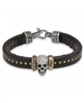 Pulsera Skull Plata Cuero Bronce y Cirtonitas Cab38d