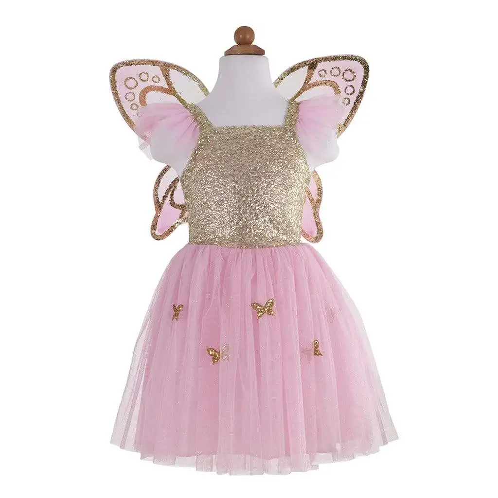Vestido mariposa rosa y dorado con alas Talla 5-7 años