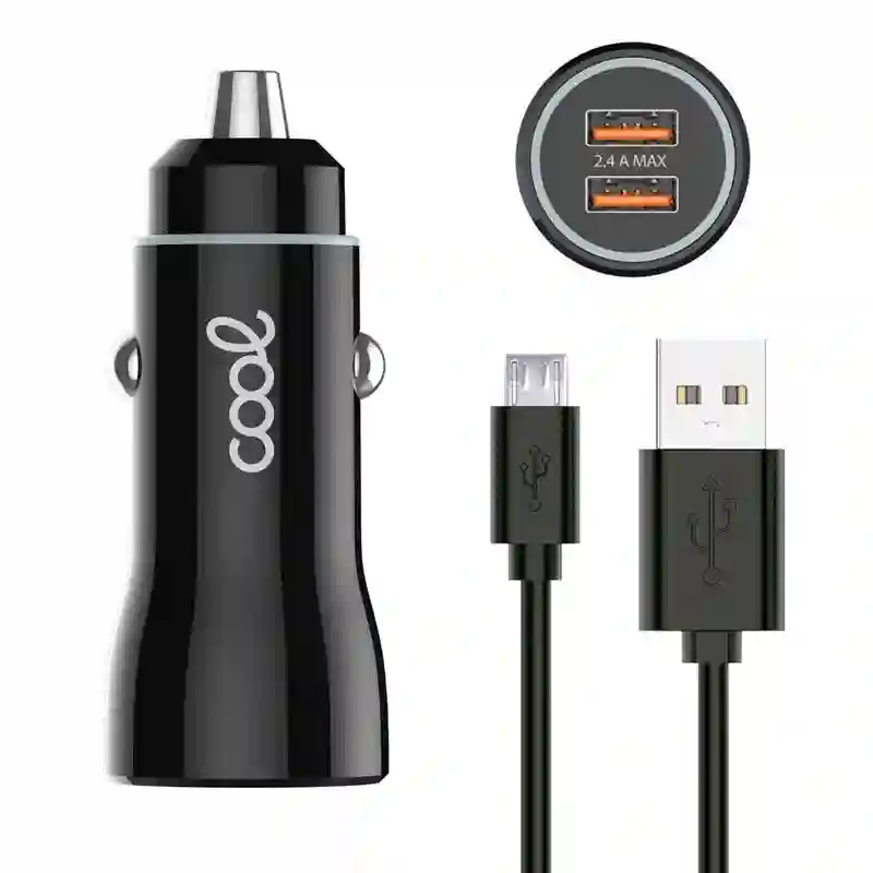 Microusb cable car charger (2 x usb) cool 2.4a kit 2 in 1 black