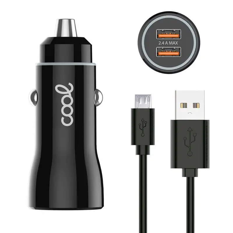Microusb cable car charger (2 x usb) cool 2.4a kit 2 in 1 black