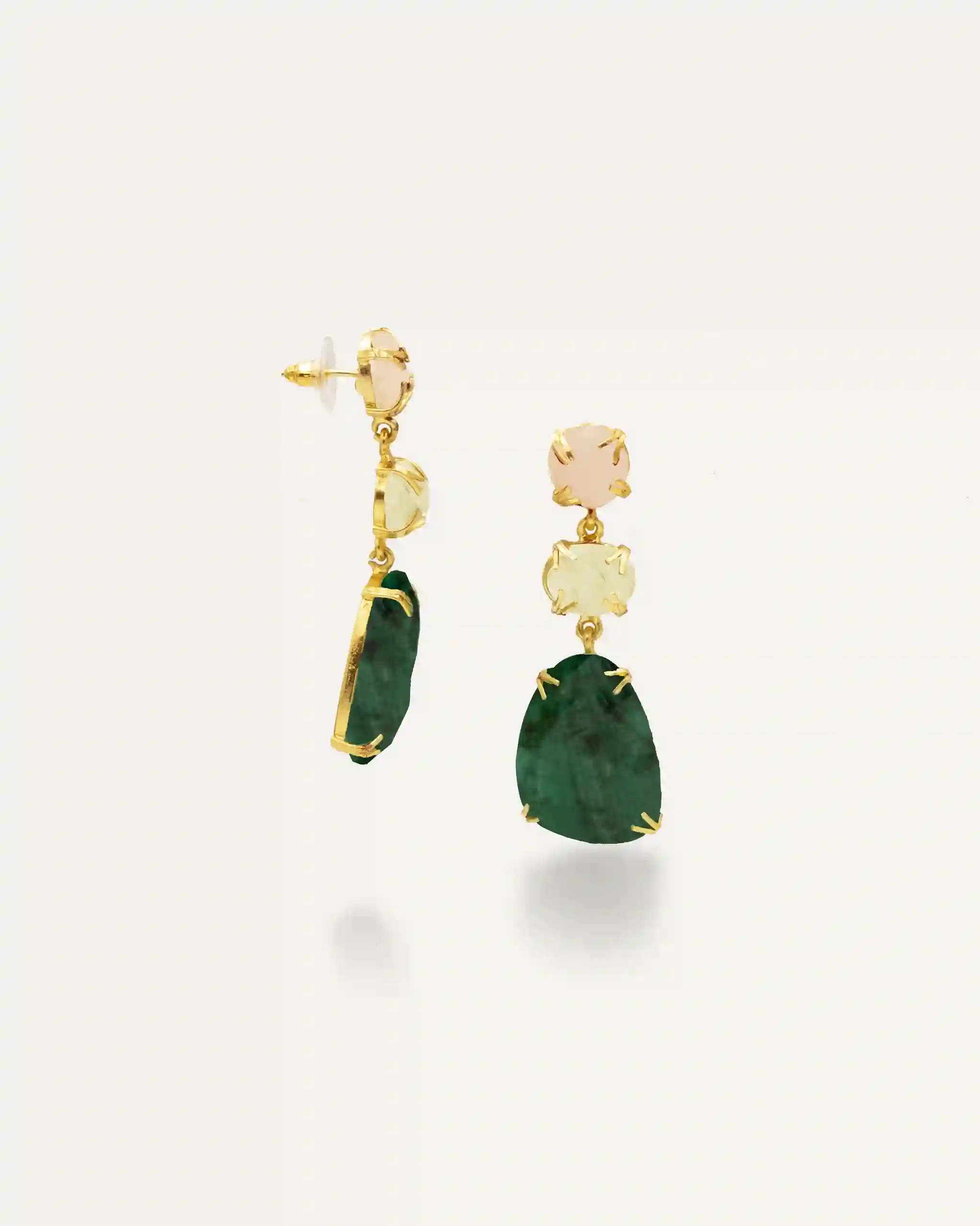 Golden earrings Apoline quartz pink prehnita hatypara green