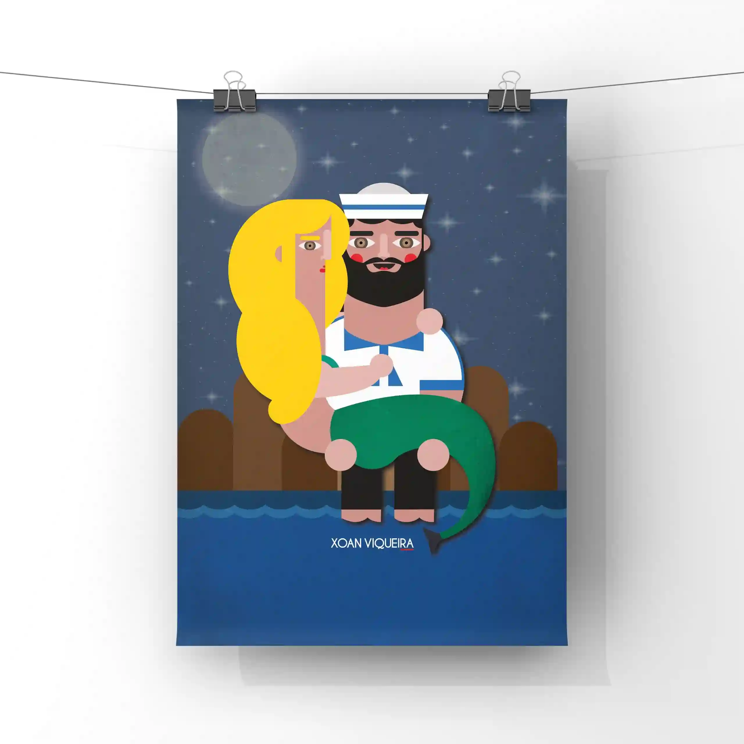 Ilustración A4 sirena en brazos de marinero