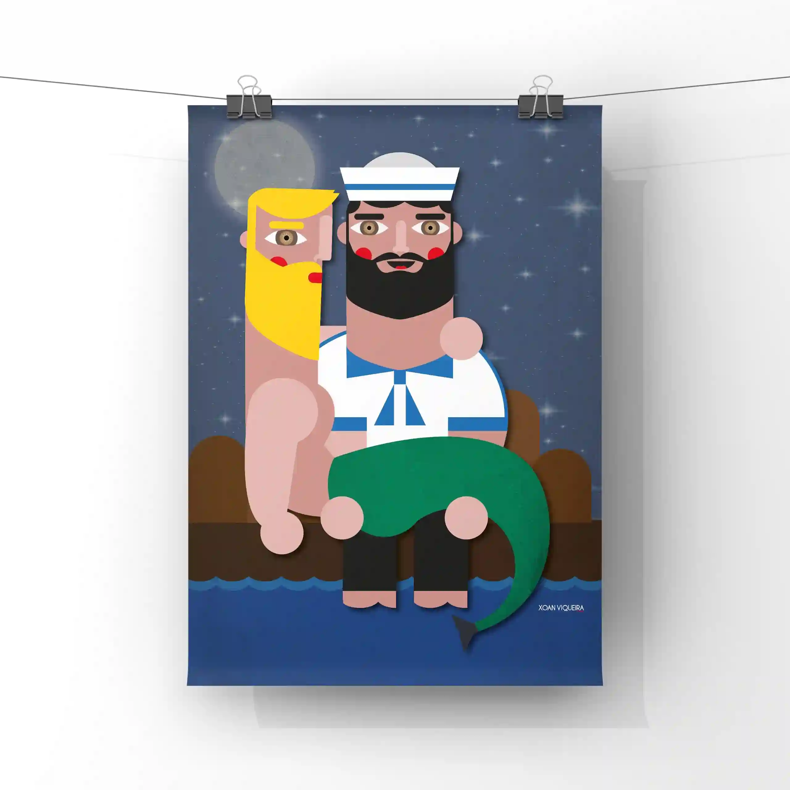 Ilustración A4 Sireno en brazos de marinero