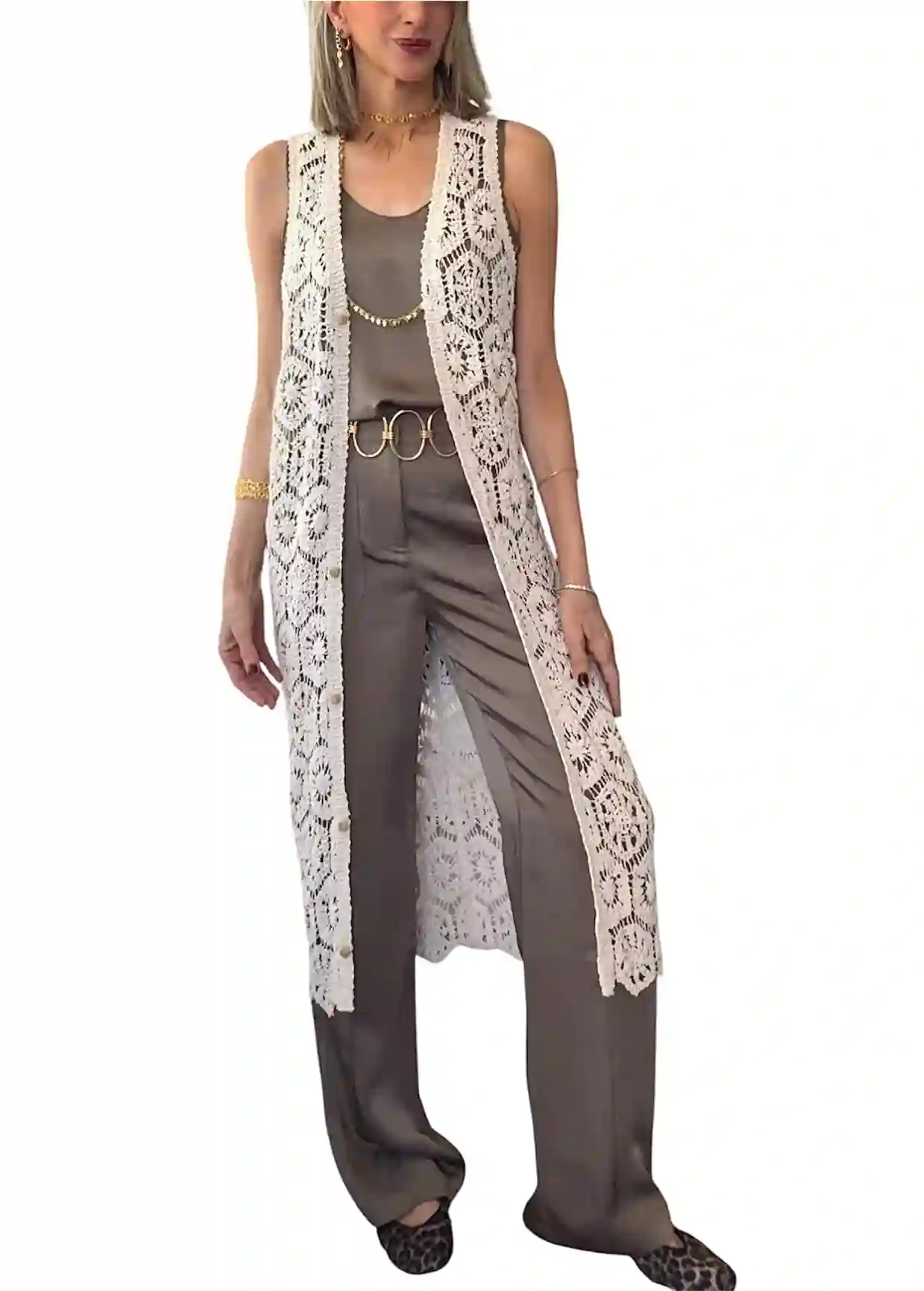 Chaleco largo crochet beige