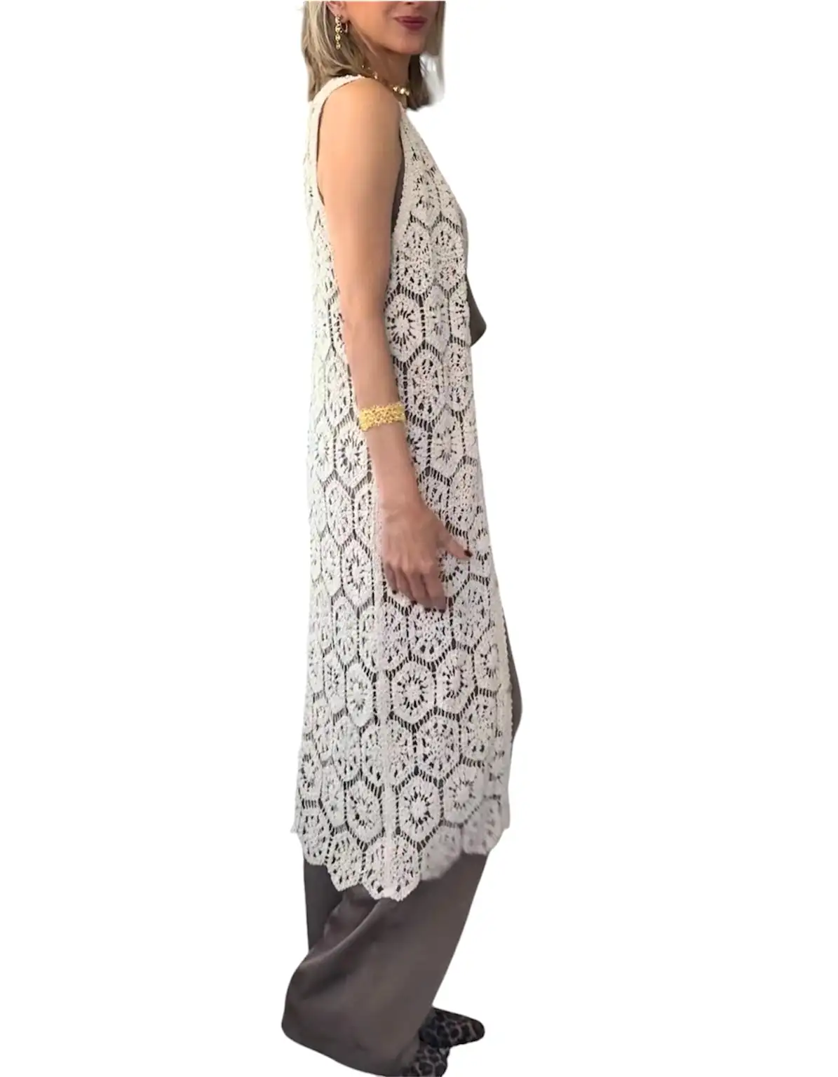 Chaleco largo crochet beige - Imagen 2