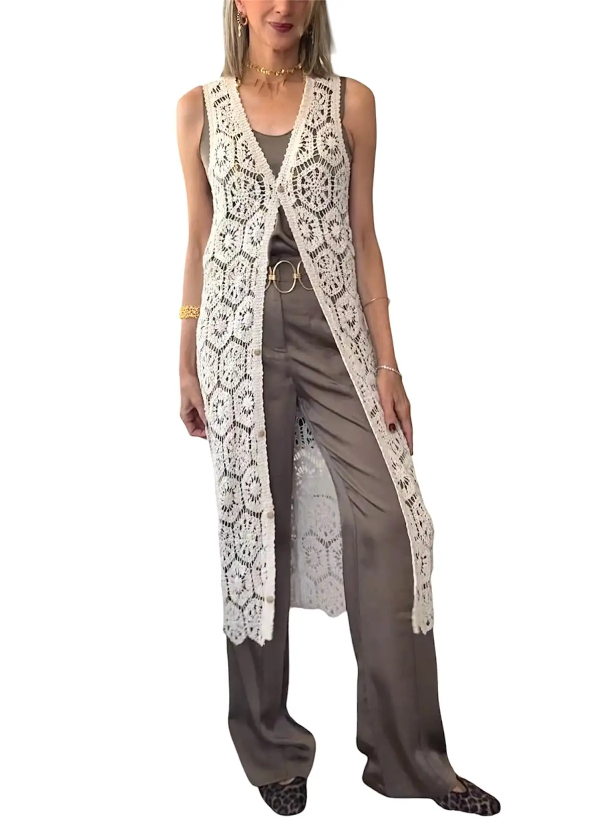Chaleco largo crochet beige - Imagen 3