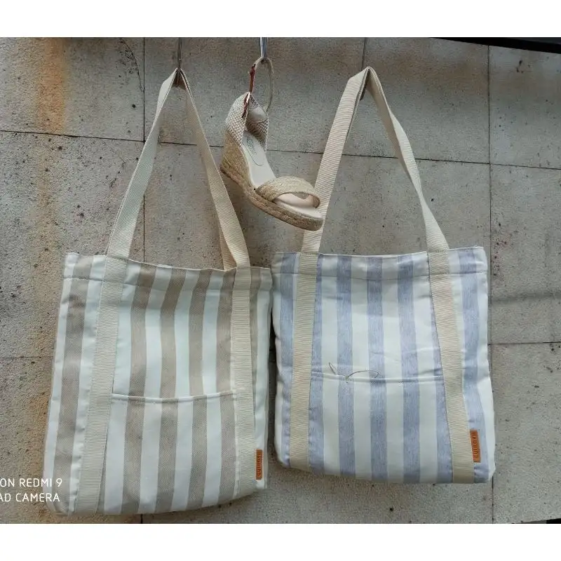 BOLSA RAYAS BEIGE Y AZUL