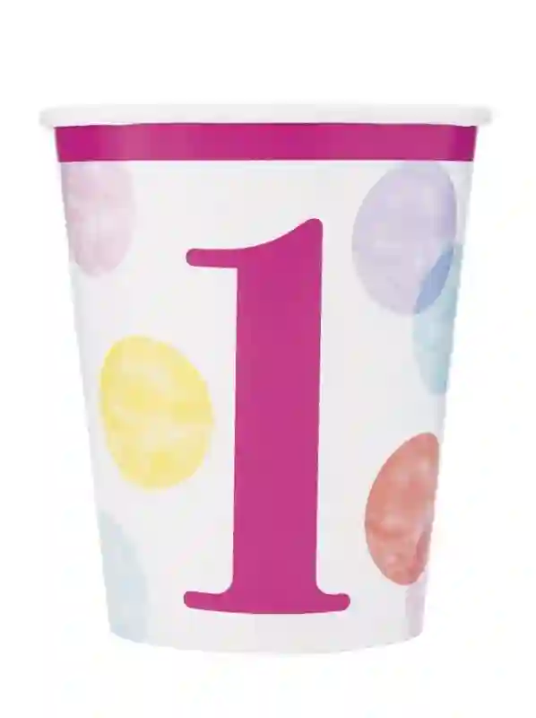 8 vasos de carton de 26,6 cl primer cumpleaños puntos rosa