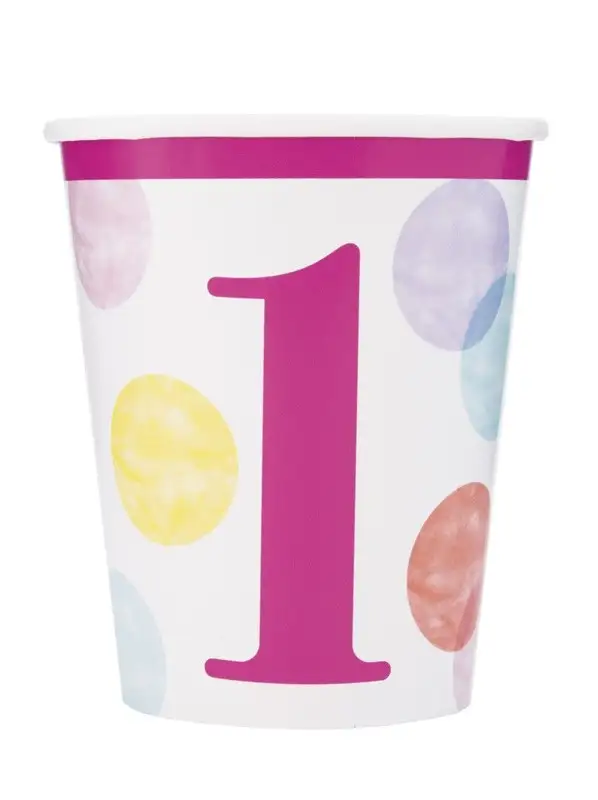 8 vasos de carton de 26,6 cl primer cumpleaños puntos rosa