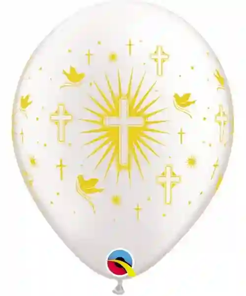 Globo de latex 11 pulg. (27,9cm) blanco cruz y paloma comunión