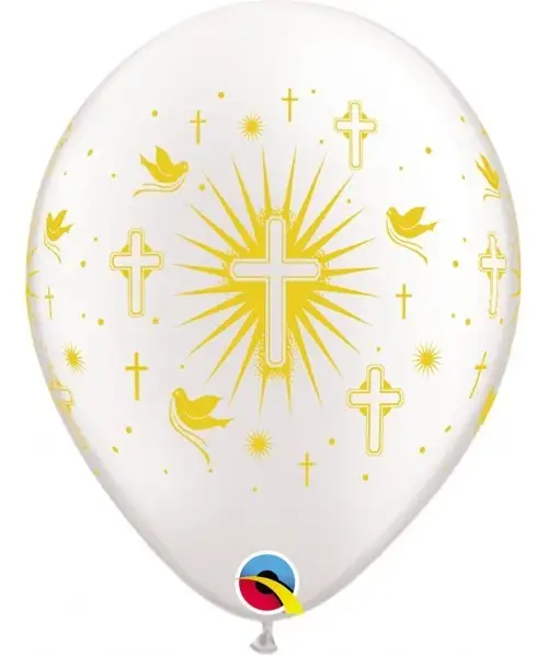 Globo de latex 11 pulg. (27,9cm) blanco cruz y paloma comunión