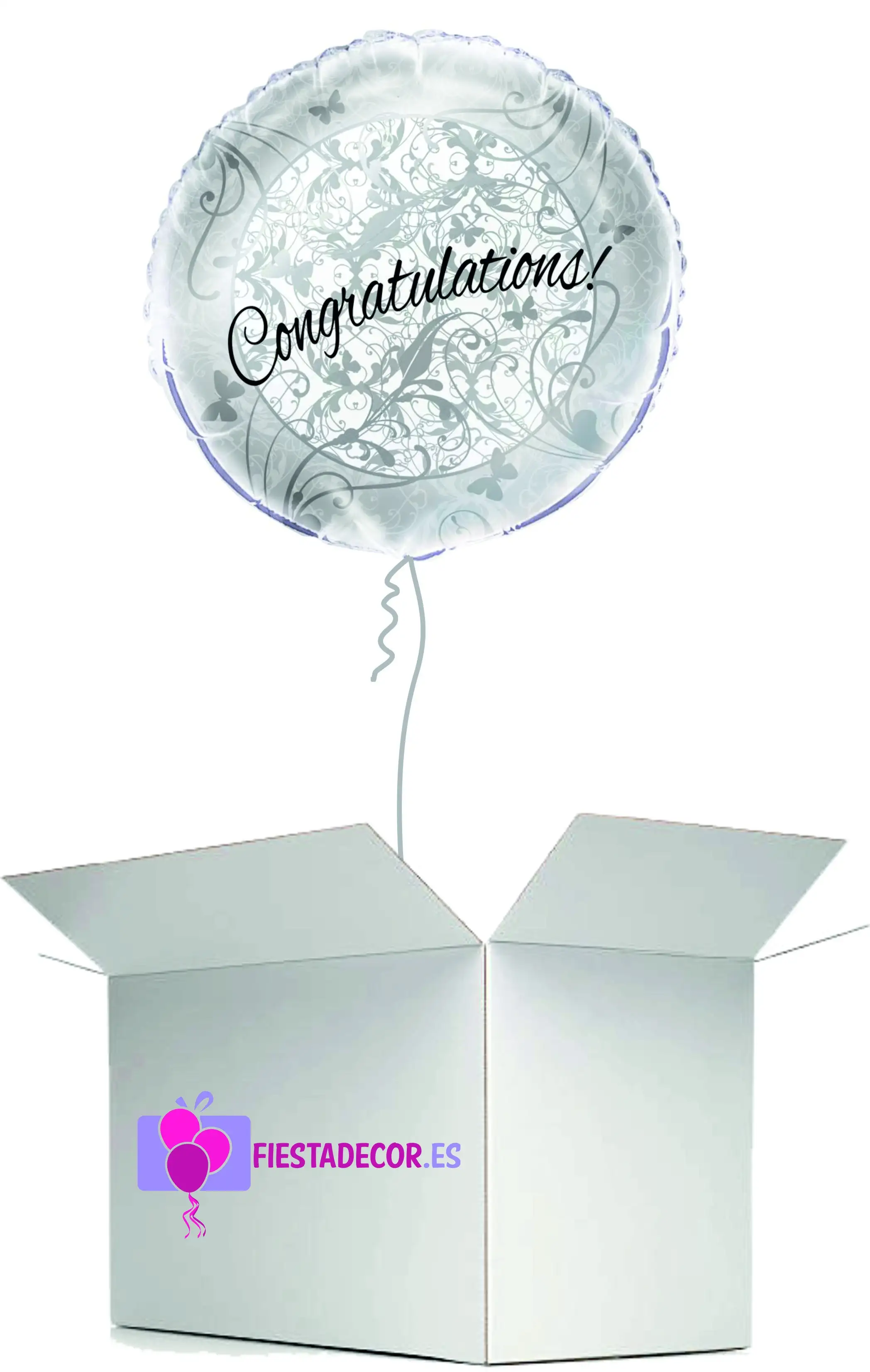 Globo en caja sorpresa felicitacion plata