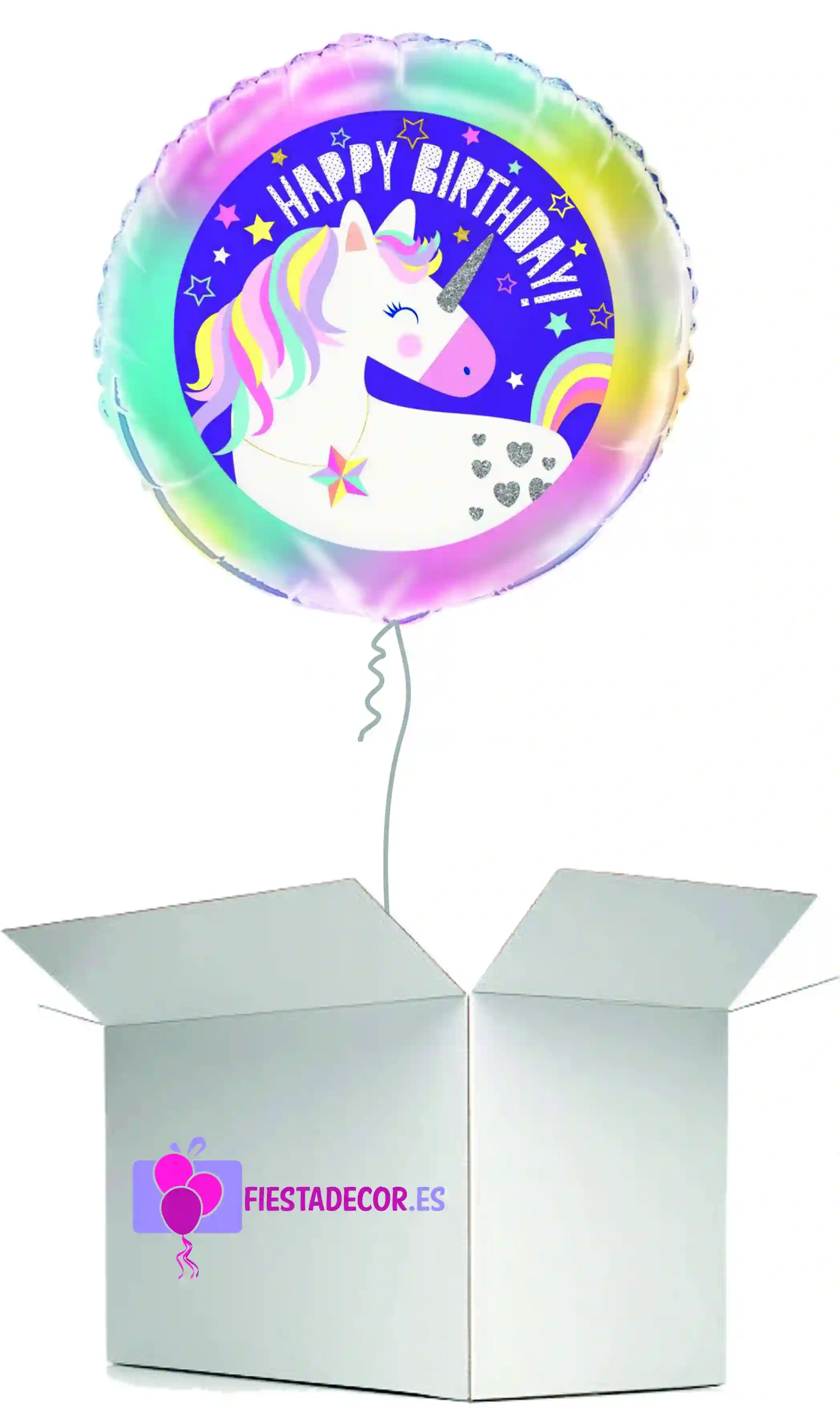Globo en caja sorpresa happy birday unicornio
