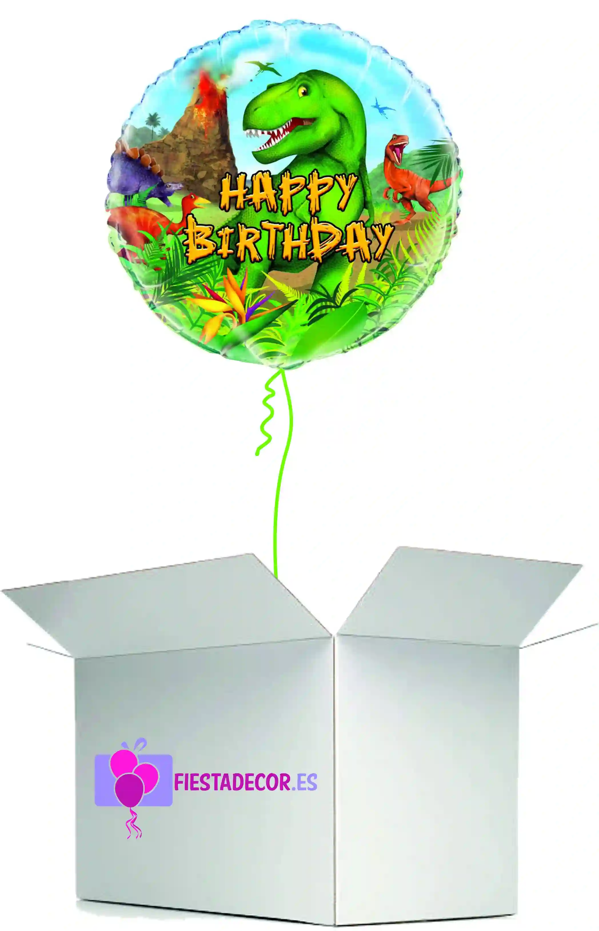 Globo en caja sorpresa redondo happy birthday dinosaurio