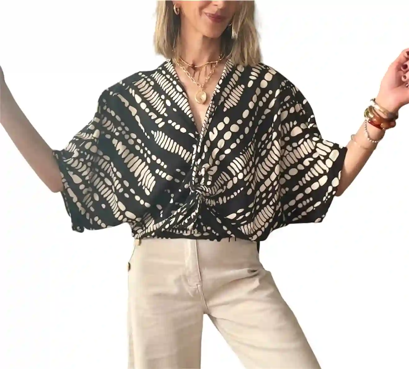 Camisa manga ancha negro & beige