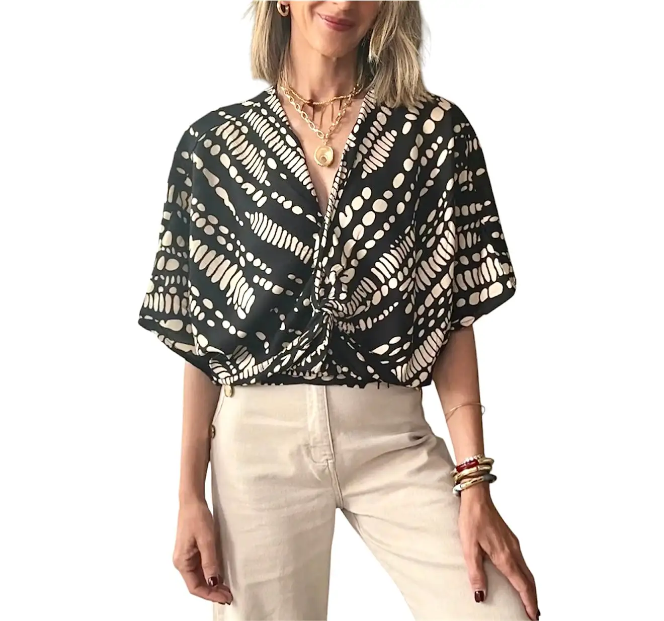 Camisa manga ancha negro & beige - Imagen 2