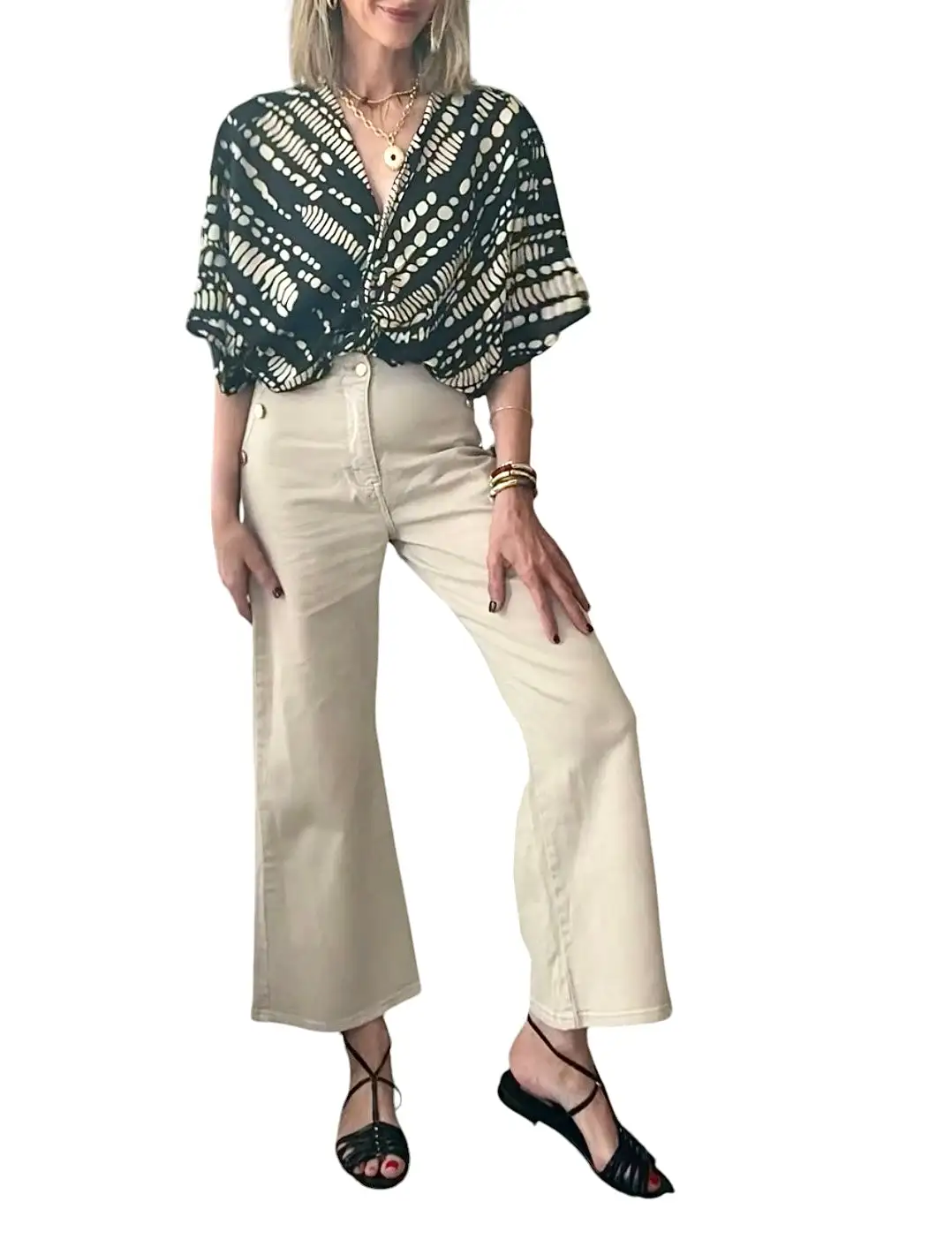 Camisa manga ancha negro & beige - Imagen 3
