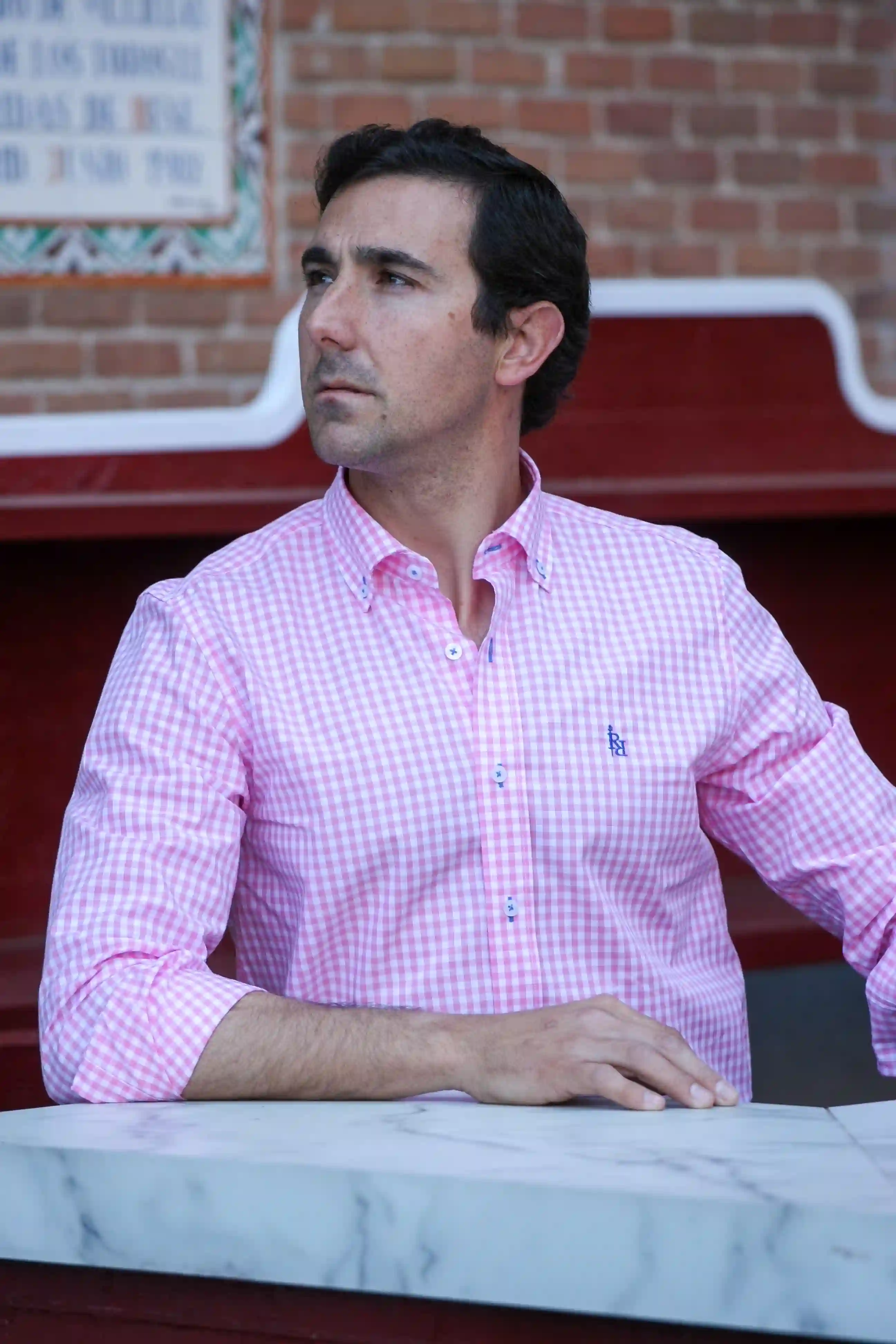 Vichy pink picture shirt with embroidery in blue "parrala".
