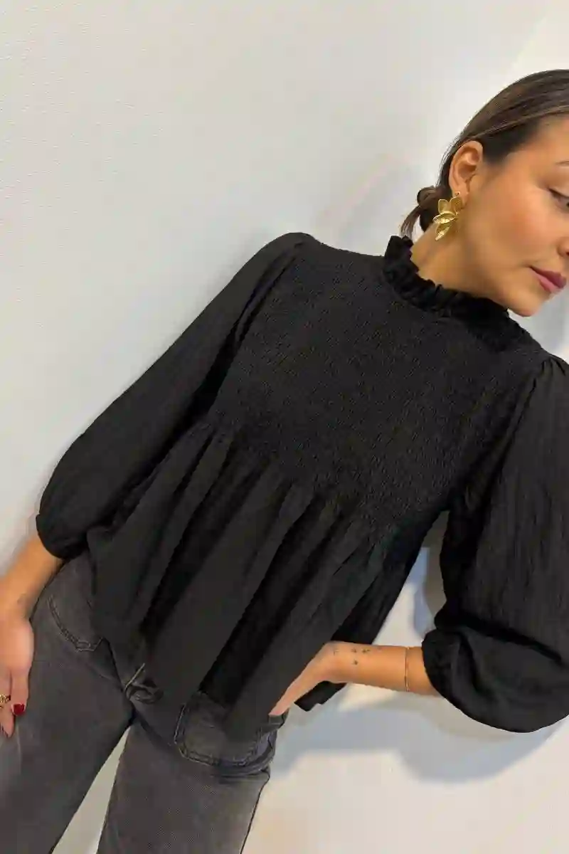 Black Neck Detail Blouse Blus