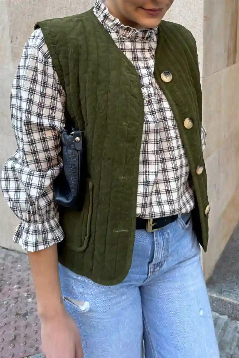 Corduroy vest pockets Karey Green buttons