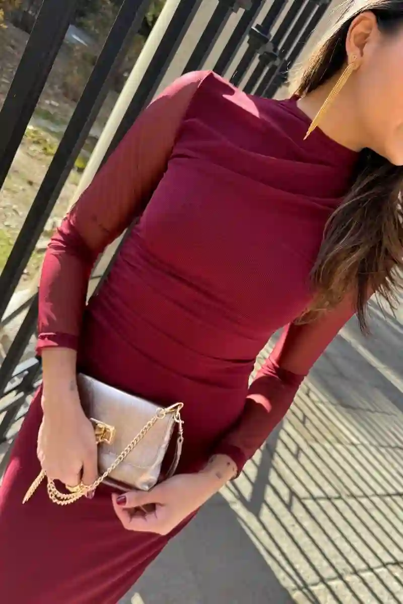 VESTIDO LARGO TUL FRUNCIDO BURDEOS