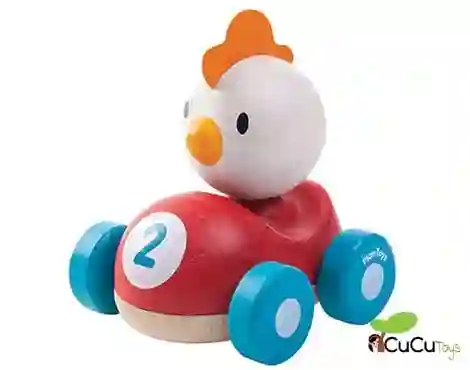 Plantoys - Coche de carreras Pollito Piloto, juguete de madera