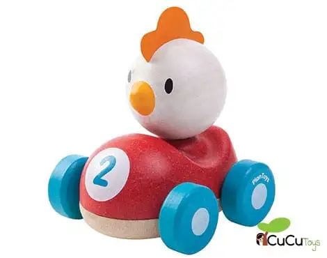 Plantoys - Coche de carreras Pollito Piloto, juguete de madera