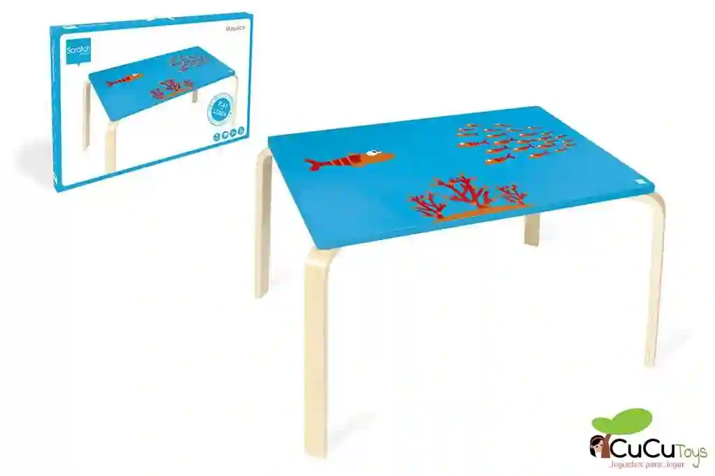 Scratch - mesa infantil, decoración fondo del mar y Pez Maurice