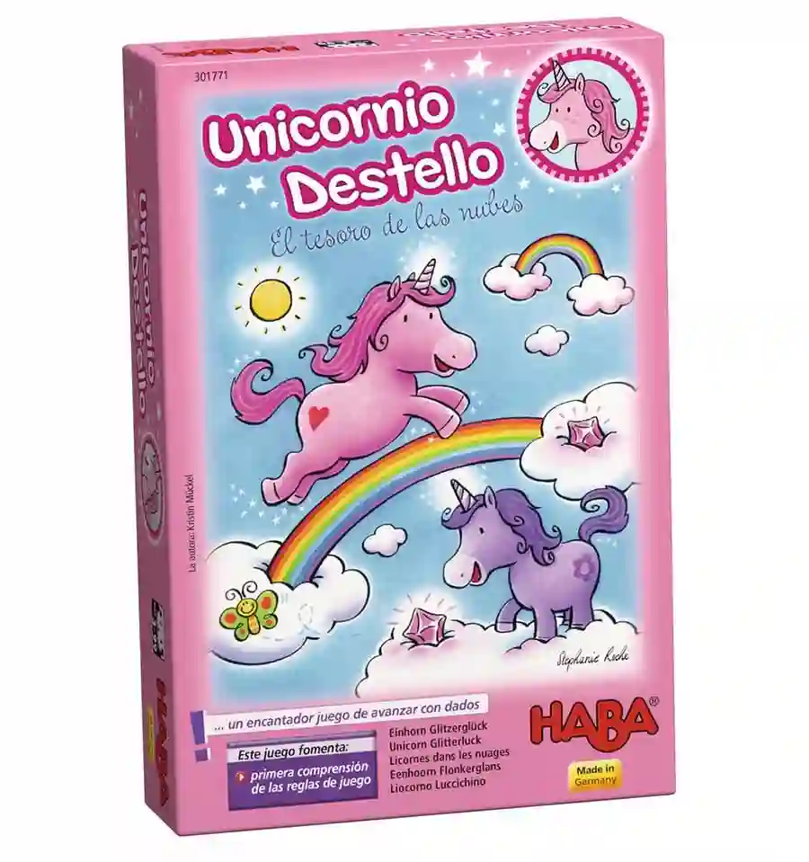 HABA - Unicornio Destello – El tesoro de las nubes, juego de mesa