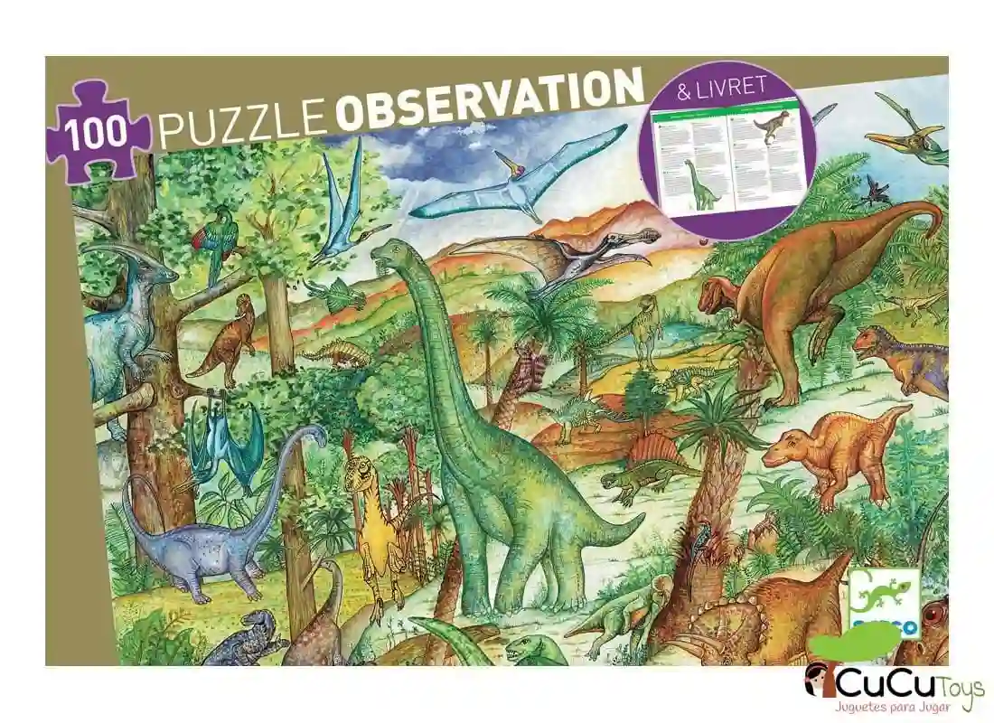 Djeco - Dinosaurios, puzzle 100 pz + poster + libro educativo