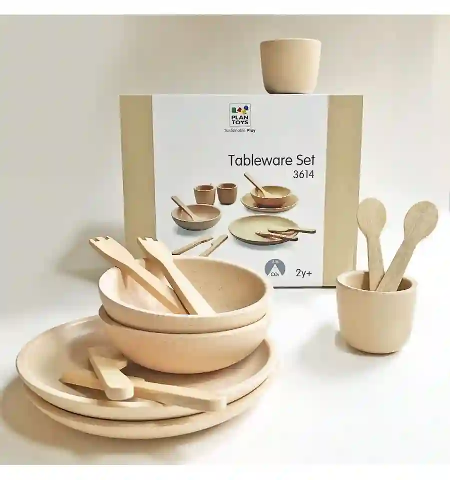 Plantoys - Platos y cubiertos de madera natural, juguete de madera