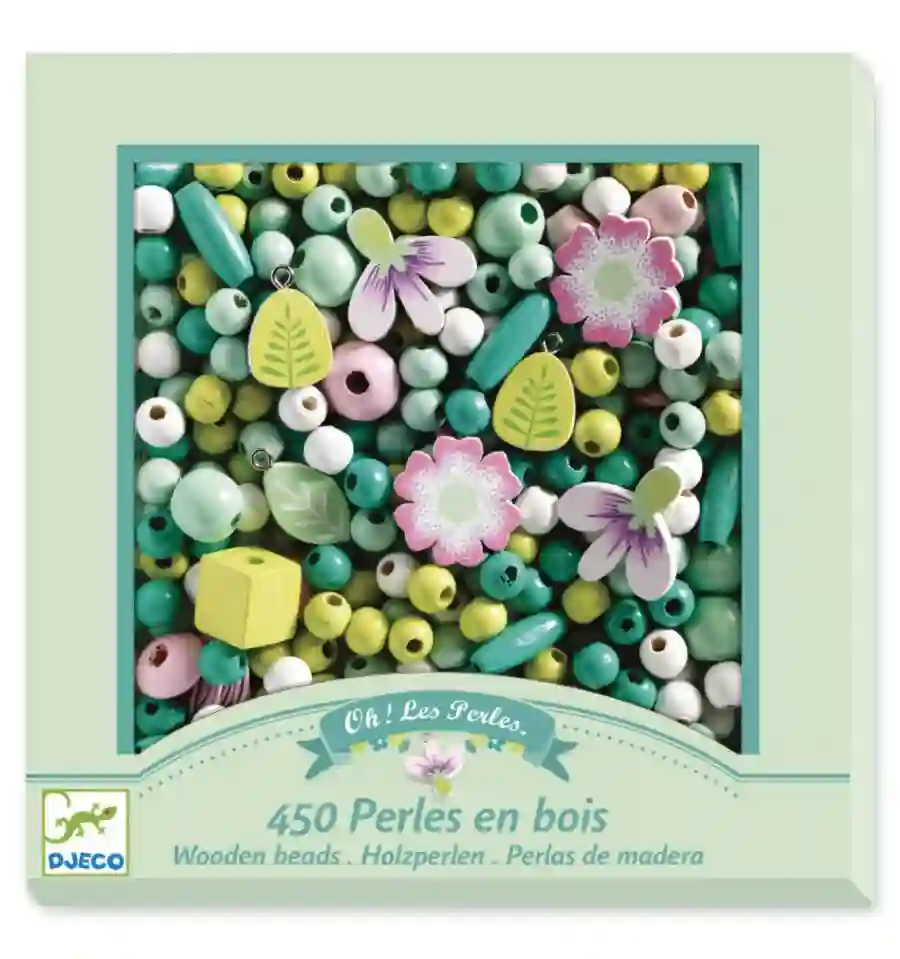 Djeco - 450 perlas de madera - Hojas y flores