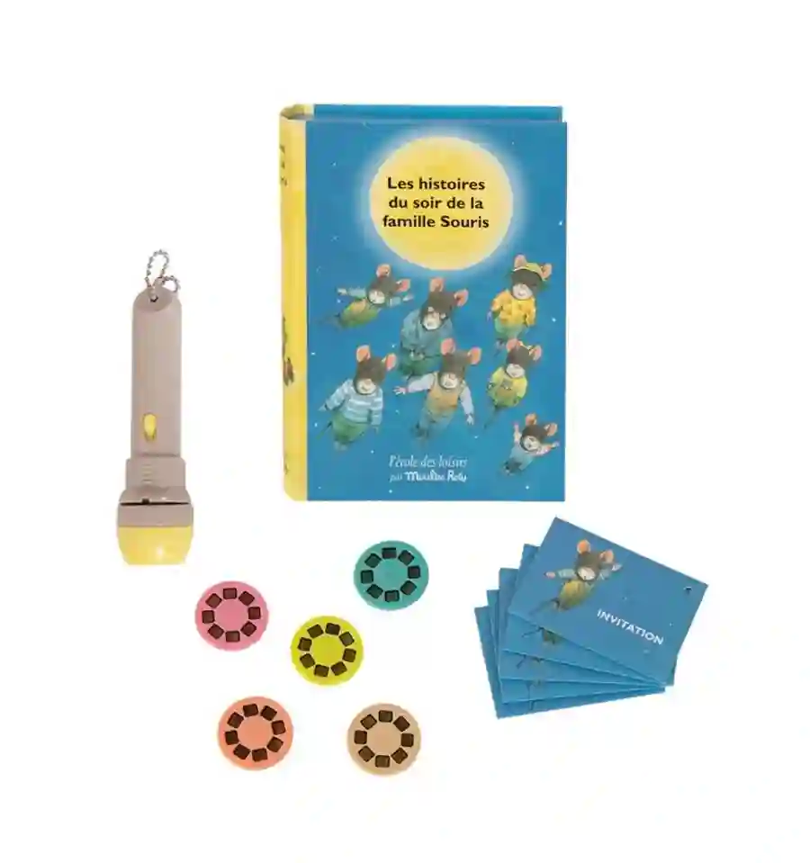 Moulin Roty - Cofre-Libro linterna proyector de historias, 14 ratones