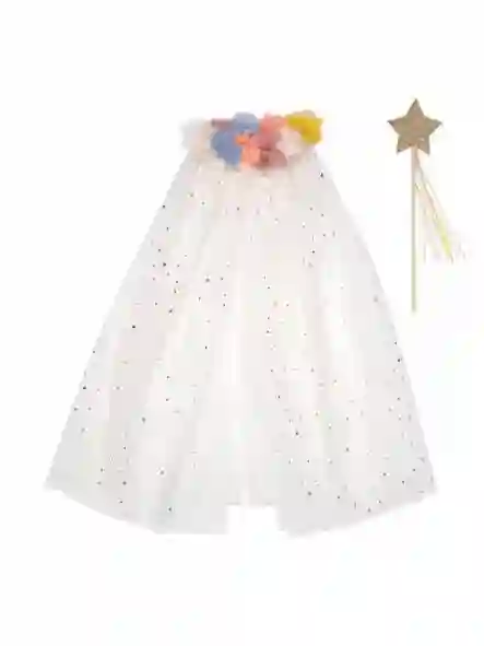 Disfraz Capa con cuello de pompones y varita