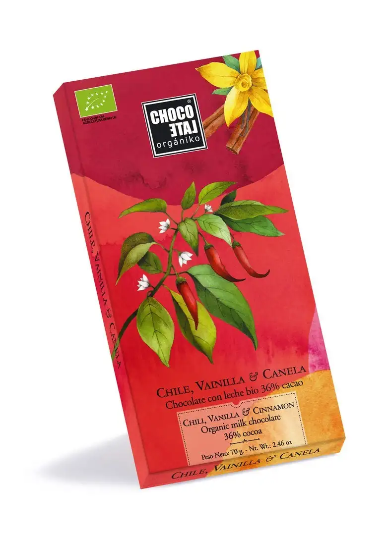 Chocolate con leche 36% cacao con Chile, Vainilla y Canela