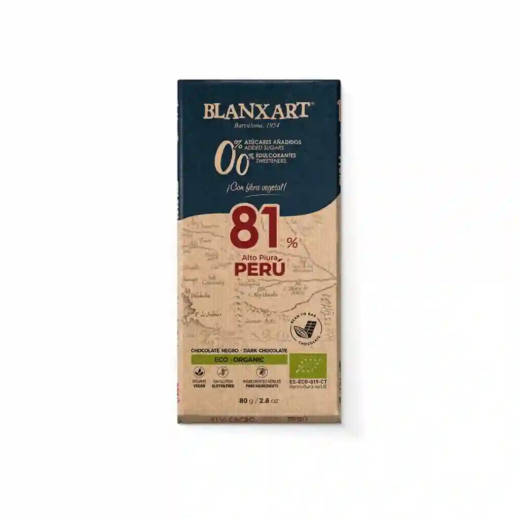 Chocolate Ecológico Blanxart Perú 81% sin azúcares ni edulcorantes - 80g