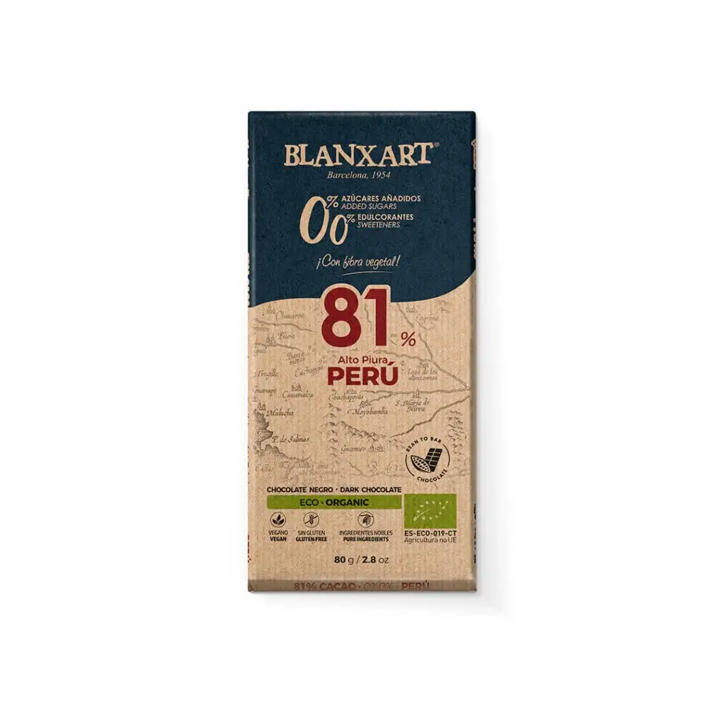 Chocolate Ecológico Blanxart Perú 81% sin azúcares ni edulcorantes - 80g