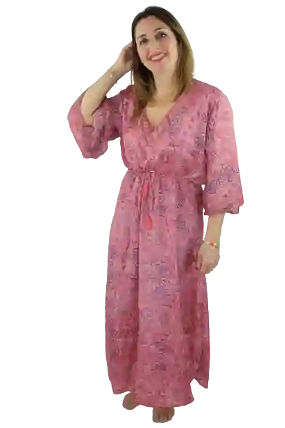 Vestido largo ajustable en cintura, manga ancha