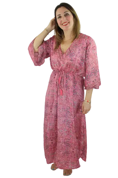 Vestido largo ajustable en cintura, manga ancha