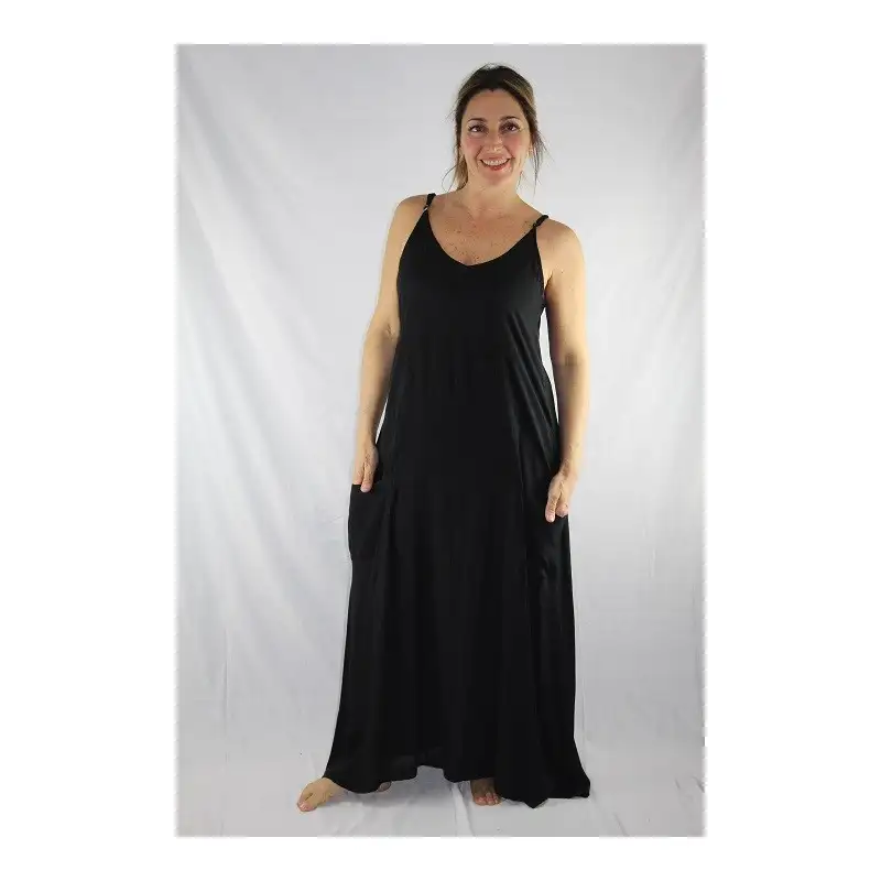 Vestido largo en rayón con bolsillos delanteros