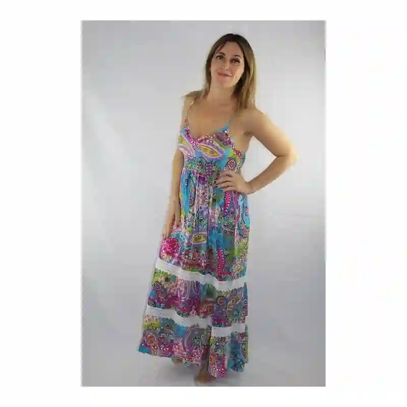 Vestido largo con tirantes y cenefa