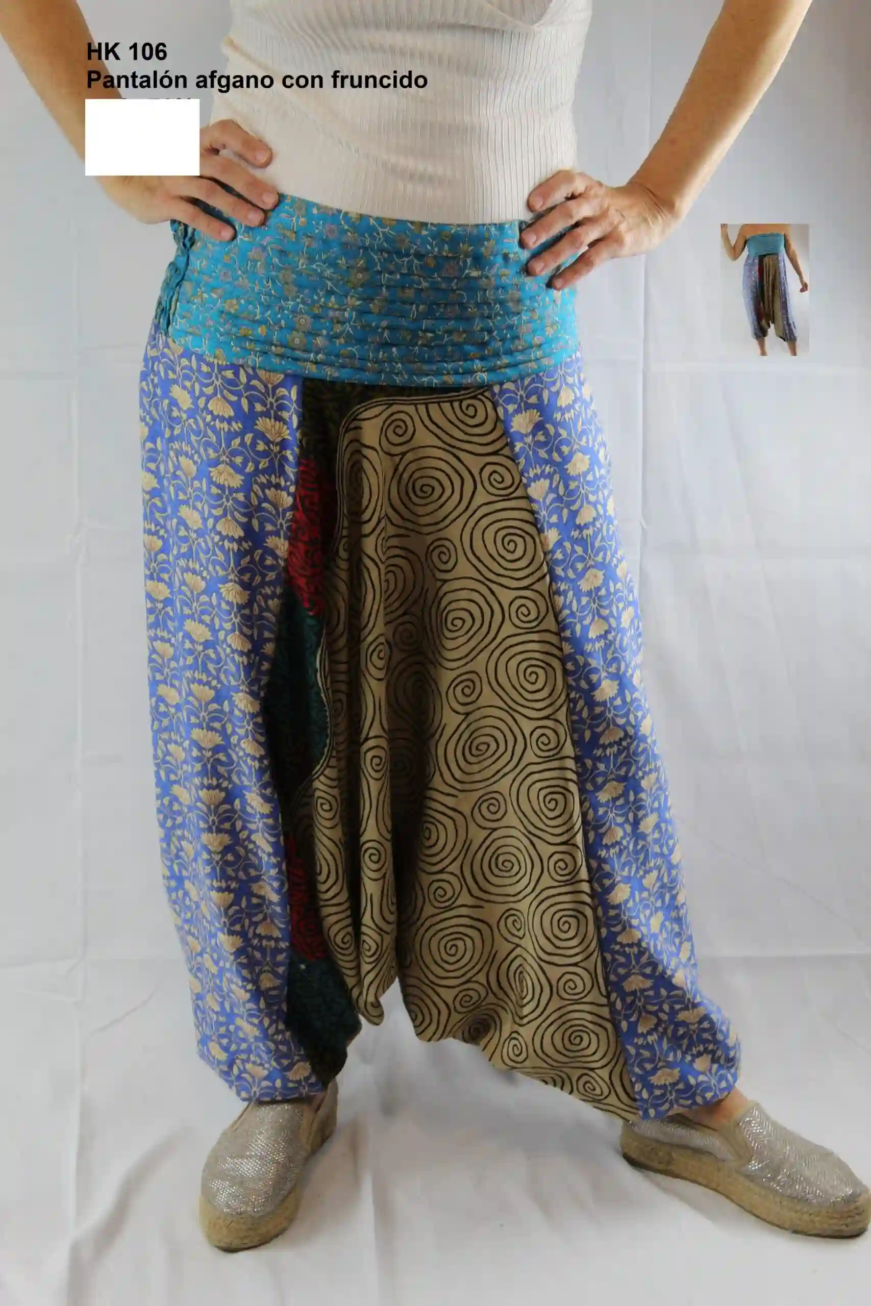 pantalón afgano con fruncido y tres colores