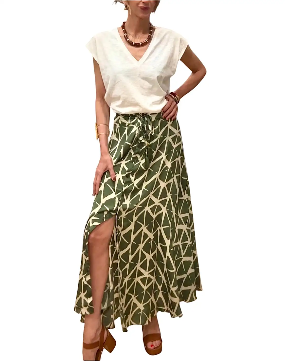 Falda seda verde caqui& beige - Imagen 2