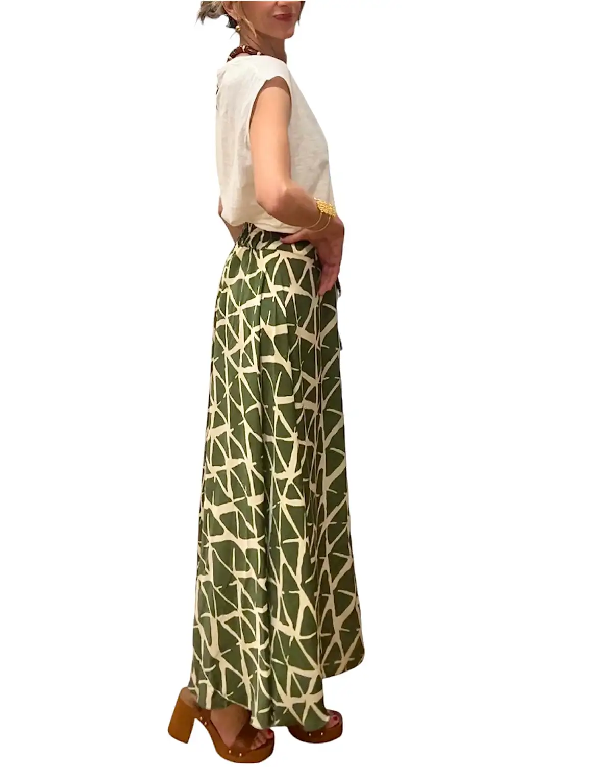 Falda seda verde caqui& beige - Imagen 3