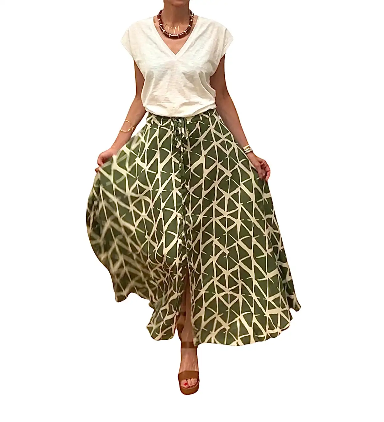 Falda seda verde caqui& beige - Imagen 4