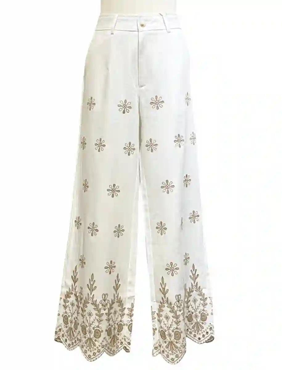 Pantalón blanco bordados beige