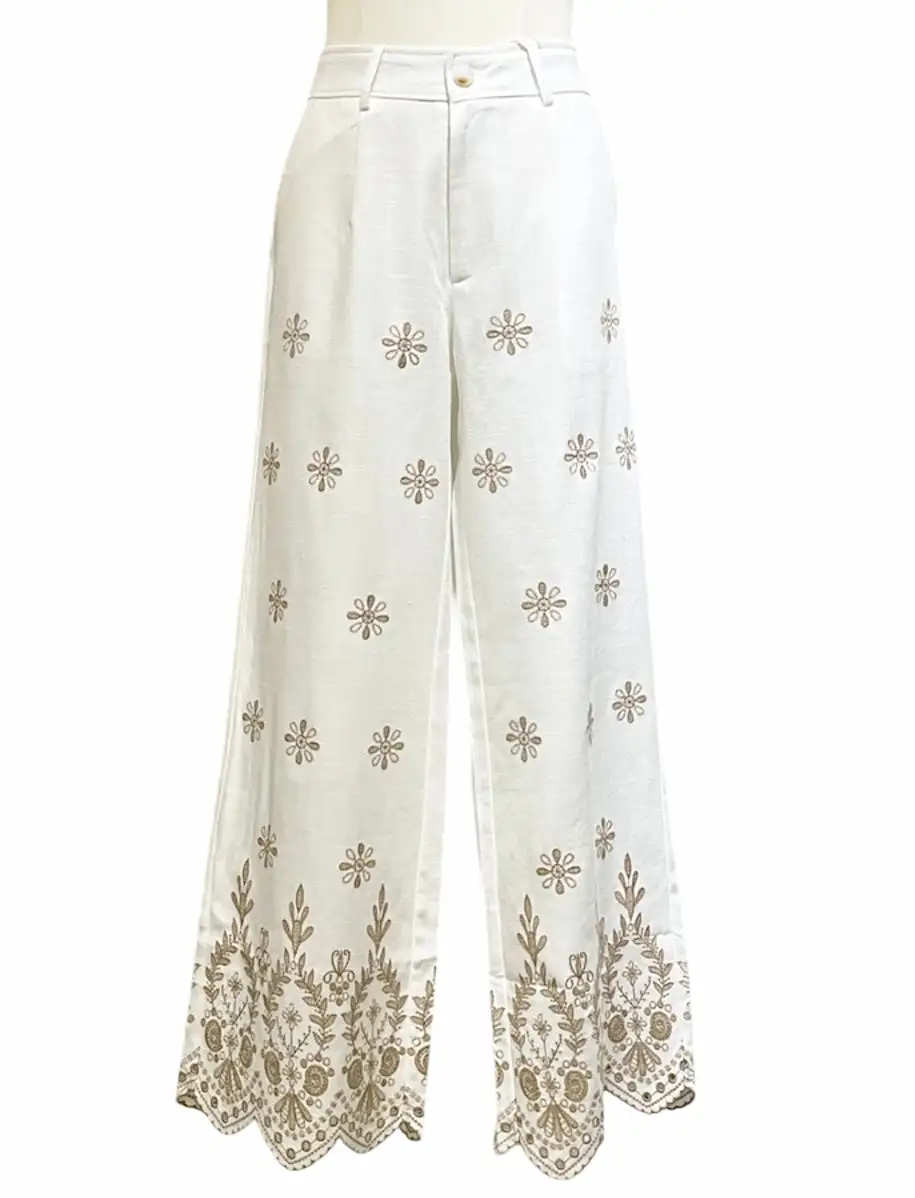 Pantalón blanco bordados beige