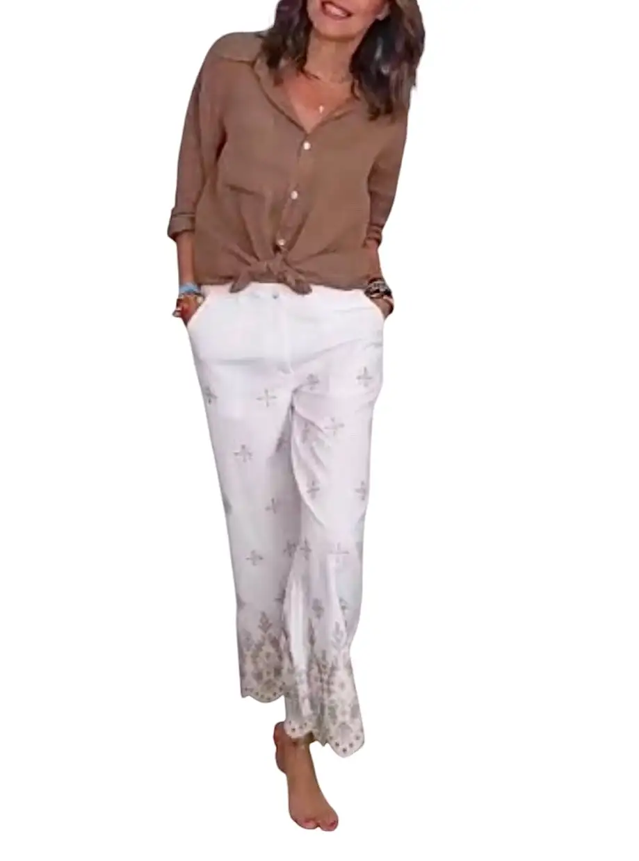 Pantalón blanco bordados beige - Imagen 2