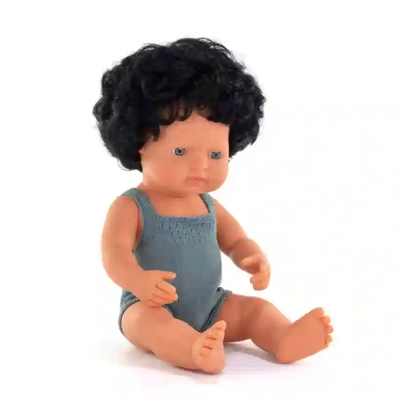 Muñeco caucásico 38 cm pelo rizado, pelele plomo - Miniland