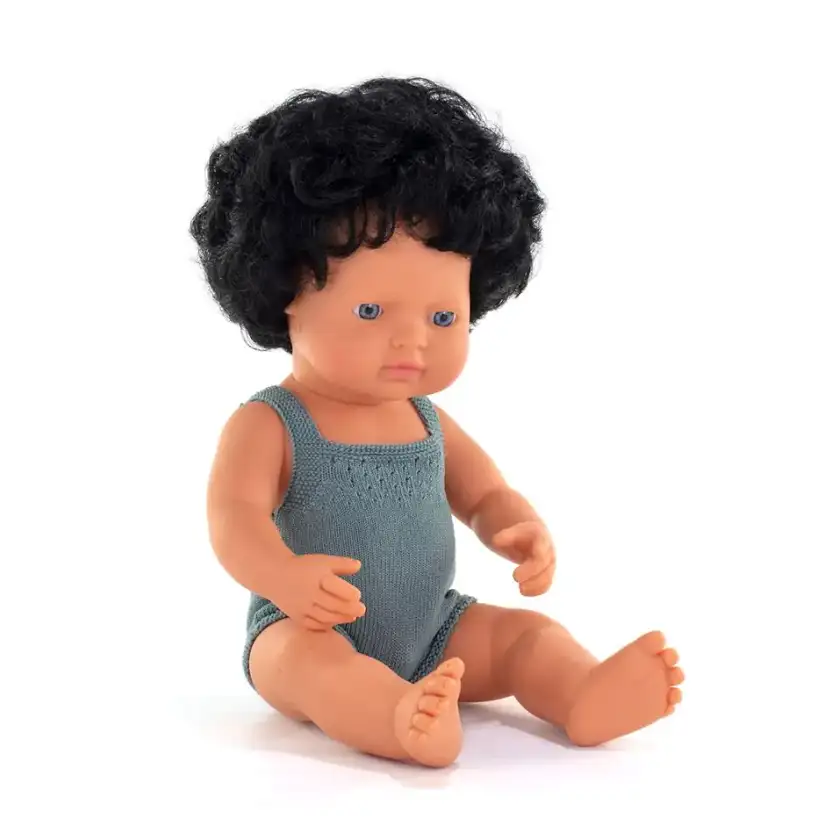 Muñeco caucásico 38 cm pelo rizado, pelele plomo - Miniland